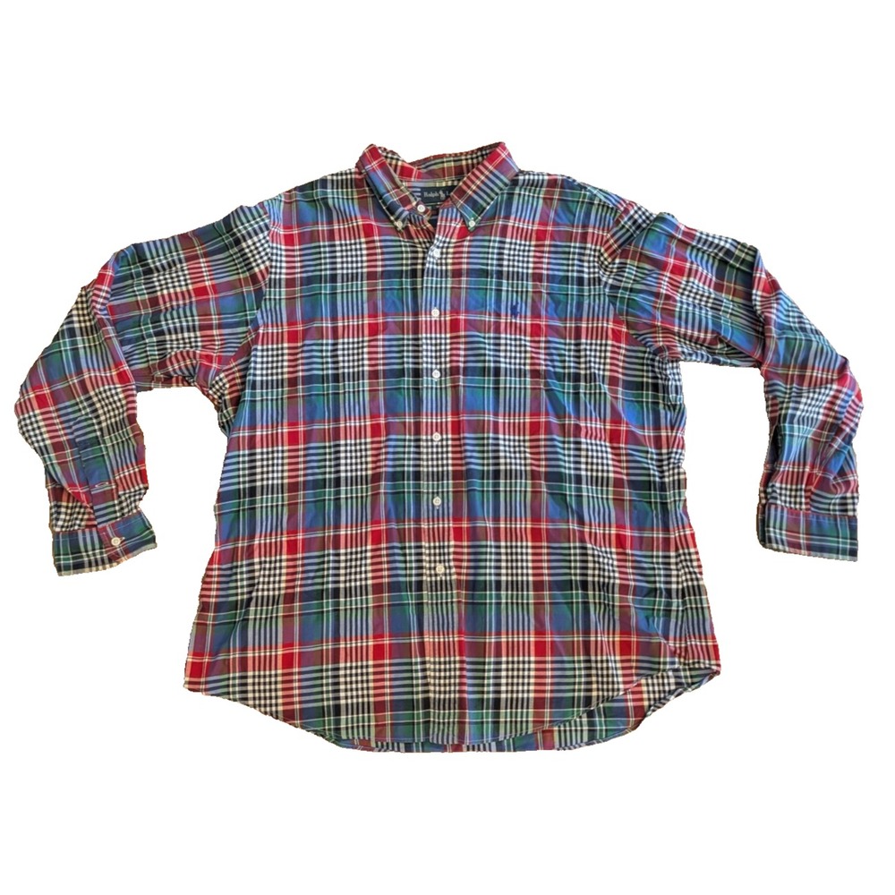 Polo Ralph Lauren Shirt Mens XXL Plaid Long Sleeve Button Down Custom Blue Pony